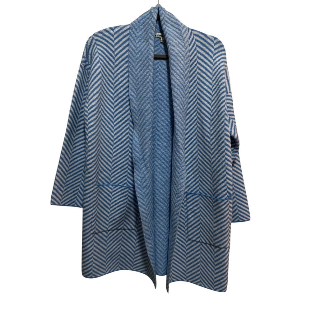 Camille - Blue/White Chevron Women's Open Front Cardigan Sweater - size S - Picture 6 of 14